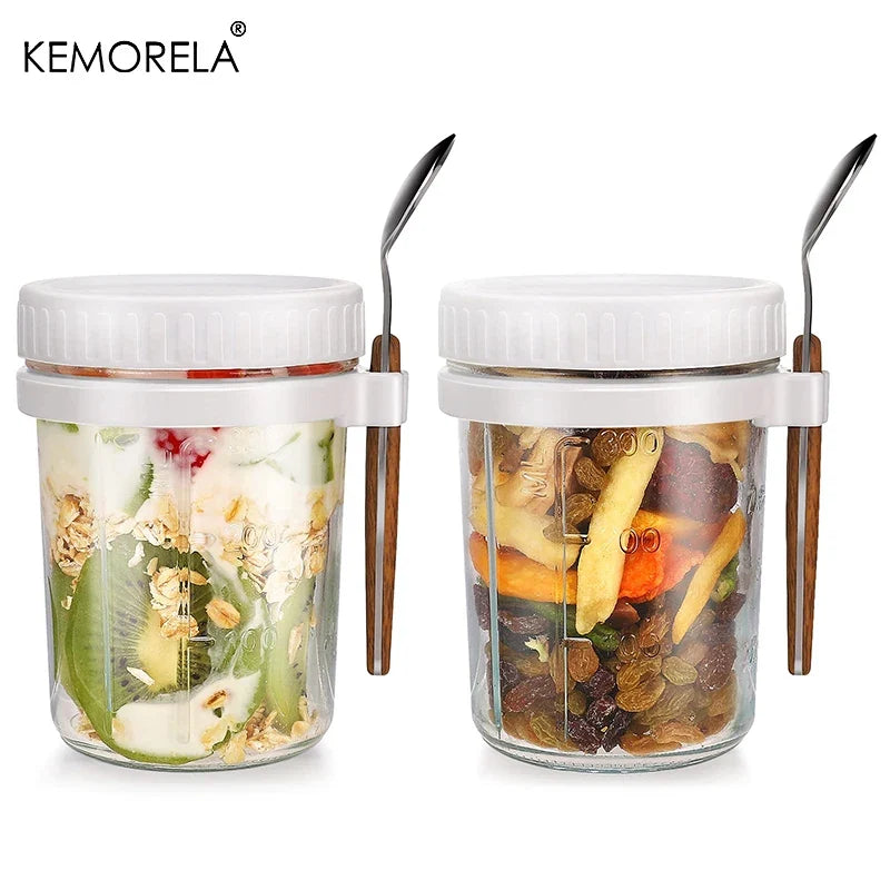KEMORELA Overnight Oats Glass Cup with Spoon | Mason Tumbler