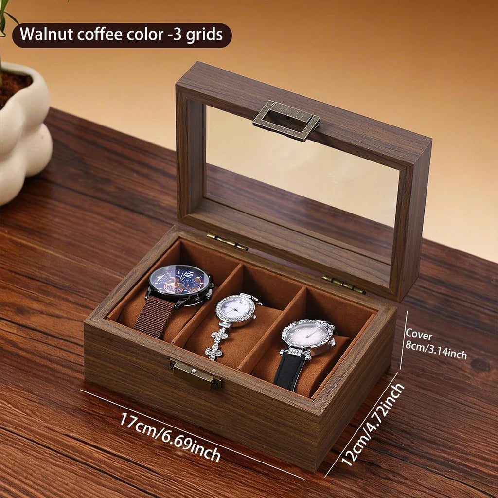 Multi Grid Wooden Watch Box Glass Cover Adjustable Jewelry Storage
