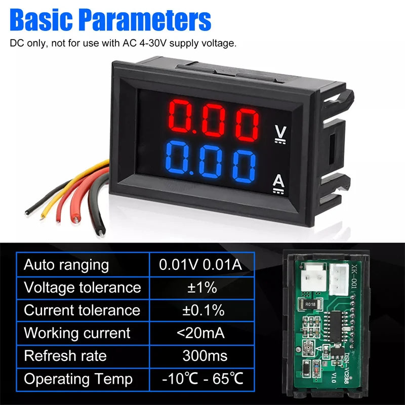 DC 0-100V 10A Digital Voltmeter Ammeter Dual LED Panel Gauge