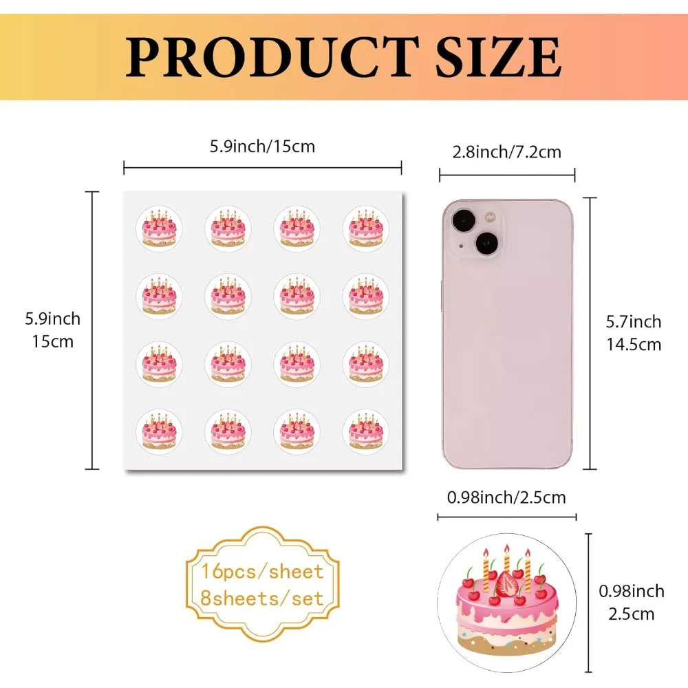 128Pcs Waterproof Birthday Cake Round Dot Cartoon Stickers Pack