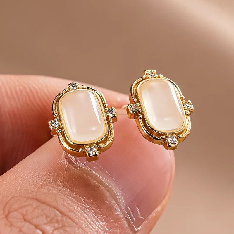 Huitan Opal CZ Gold Stud Earrings – Dainty Geometric Studs