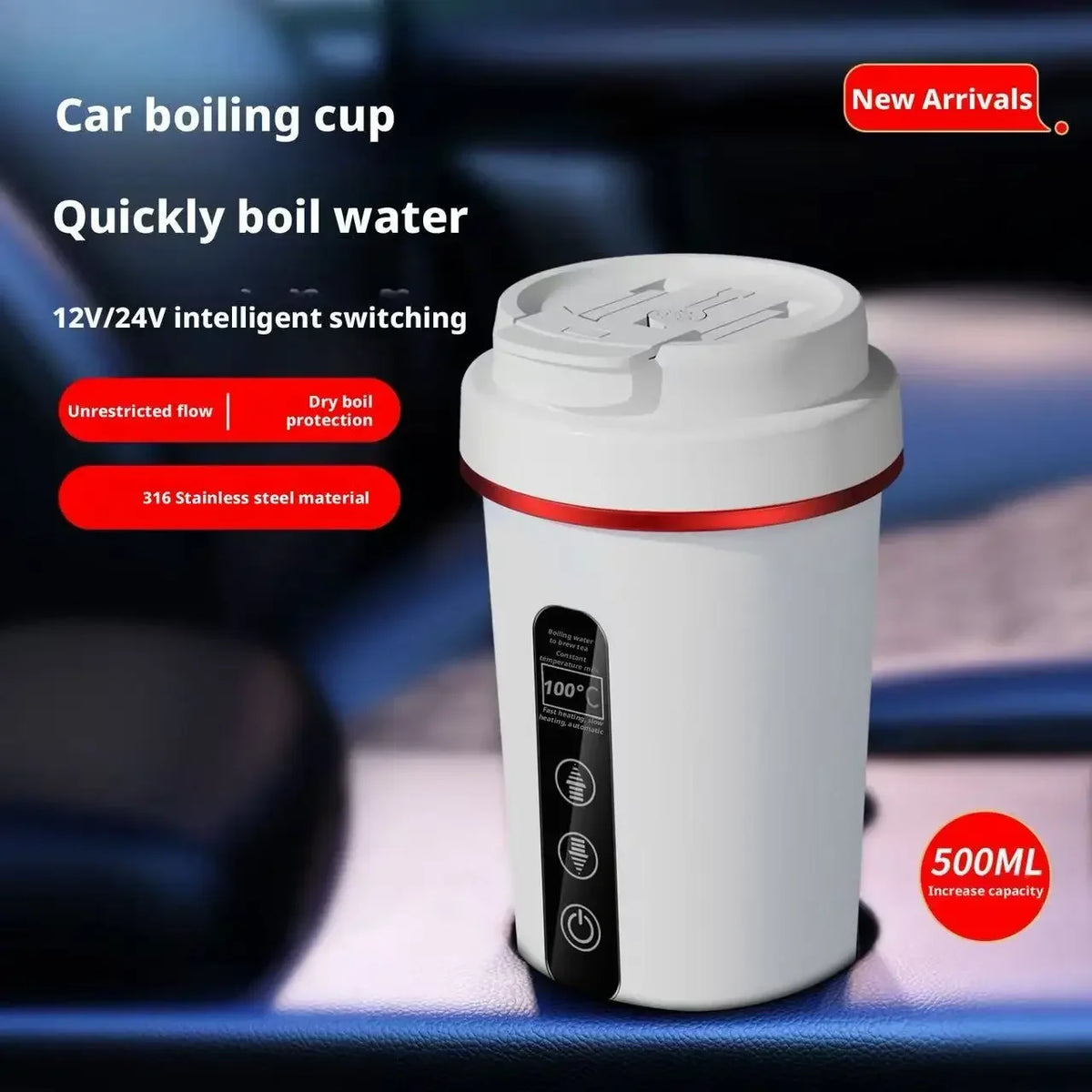 12V/24V Car Electric Kettle 500ml – Stainless Steel Travel Mug