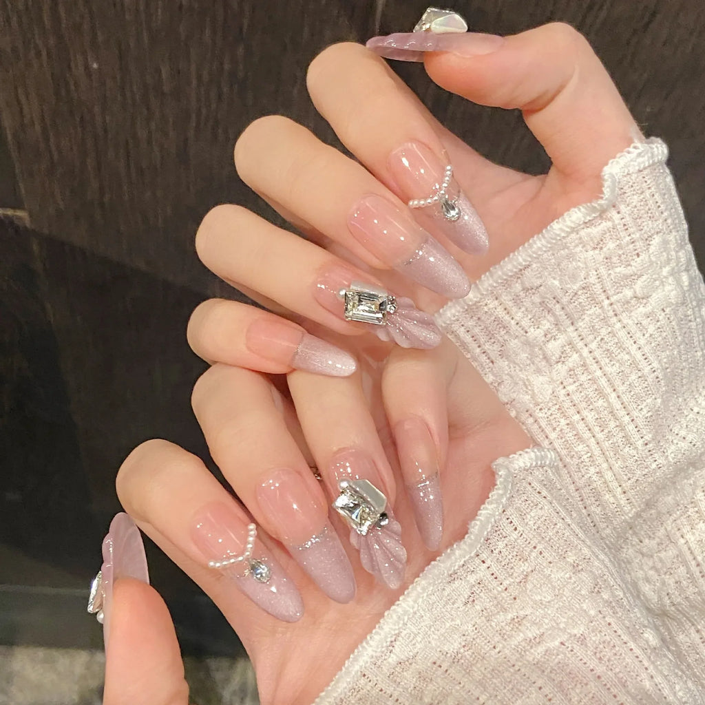 Handmade Press On Nails 3D Shell Crystal Purple Cat Eye – 10pcs