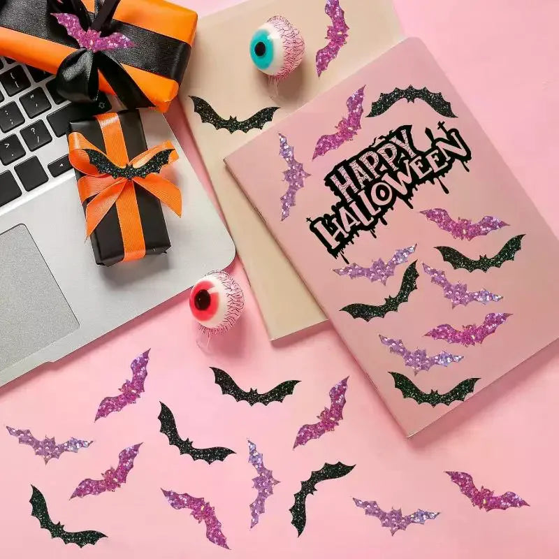 500pcs Halloween Bat Stickers Roll – Glitter Laser Self-Adhesive