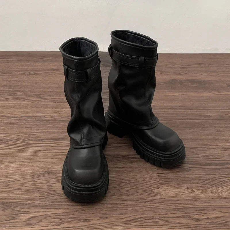 Women's Winter Platform Biker Boots – Belt Buckle Mid-Calf
