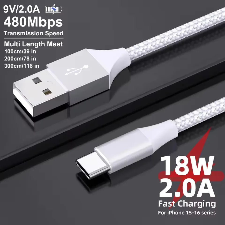 USB-A to USB-C Fast Charging Nylon Cable 1M 2M 3M | Samsung iPhone
