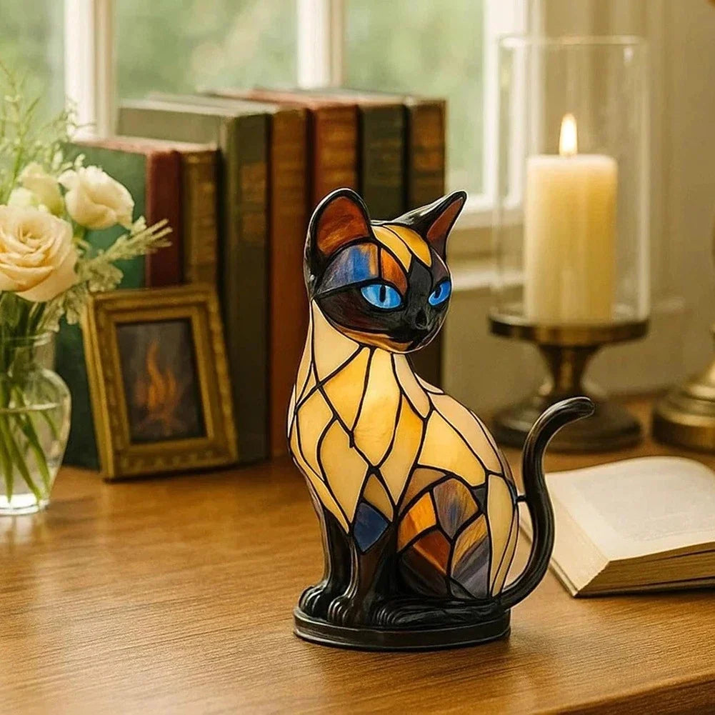 Cute Cat Lamp Stained Glass Retro Led Resin Tabletop Night Light