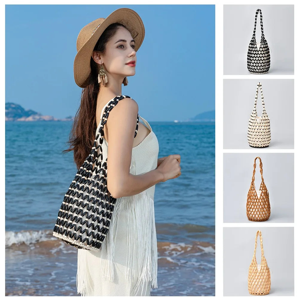 Women's Woven Wooden Bead Tote Bag – Hollow-Out Bucket Shoulder