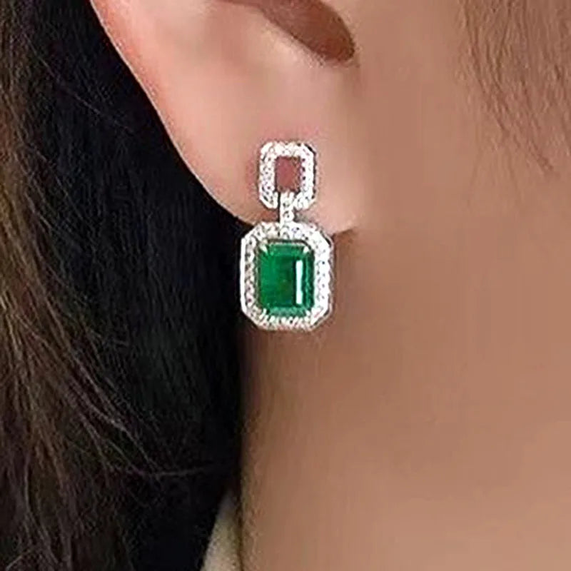 Huitan Vintage Green CZ Geometric Dangle Earrings for Women