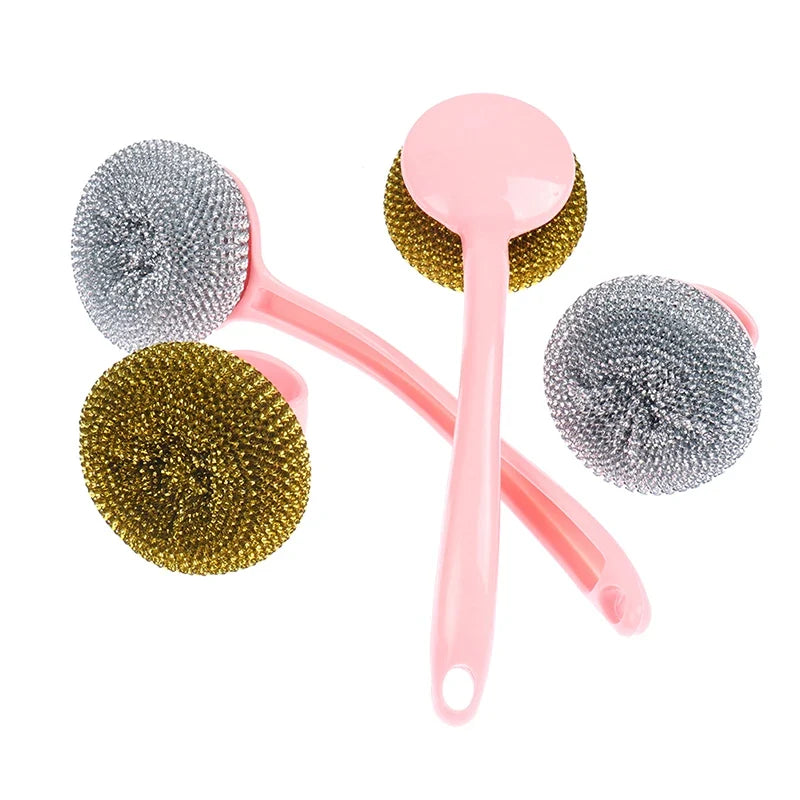 Stainless Steel Wire Ball Brush Long Handle | Kitchen Scrubber