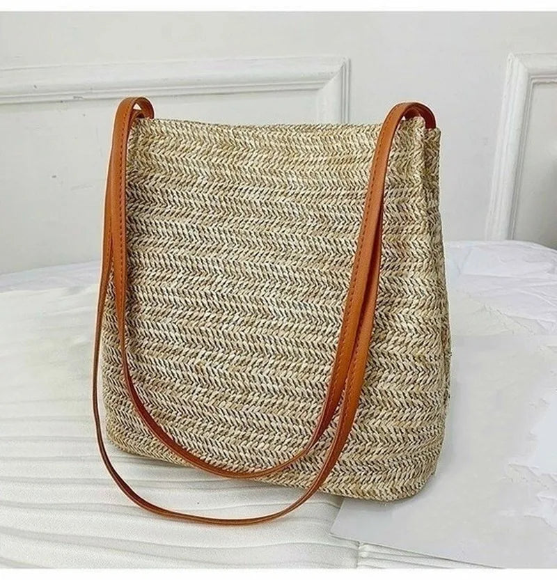 Women's Straw Rattan Woven Beach Bag – Boho Shoulder Tote