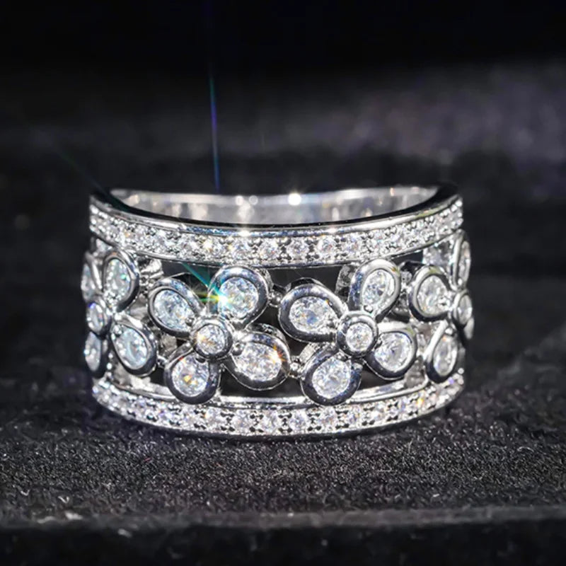 Huitan CZ Flower Ring for Women – Hollow Brass Wedding Band