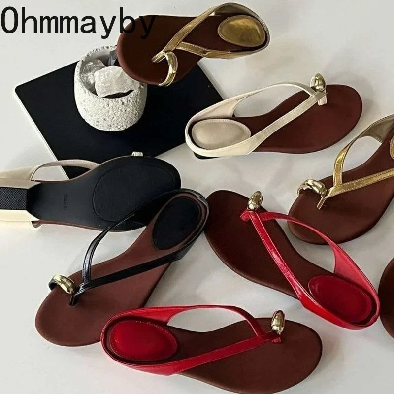 Women's T-Strap Low Heel Slides – Metal Clip Toe Summer Sandals