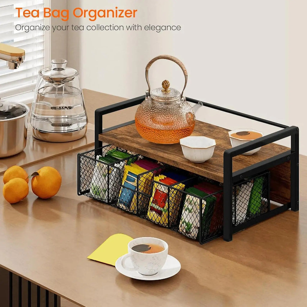 Rustic Wooden Tea Bag Organizer | Vintage Counter Storage Box