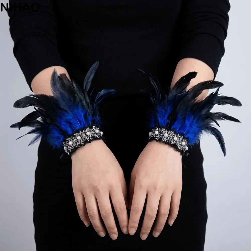 Feather Wrist Cuffs – Lace Pearl Arm Cuffs for Halloween & Carnival