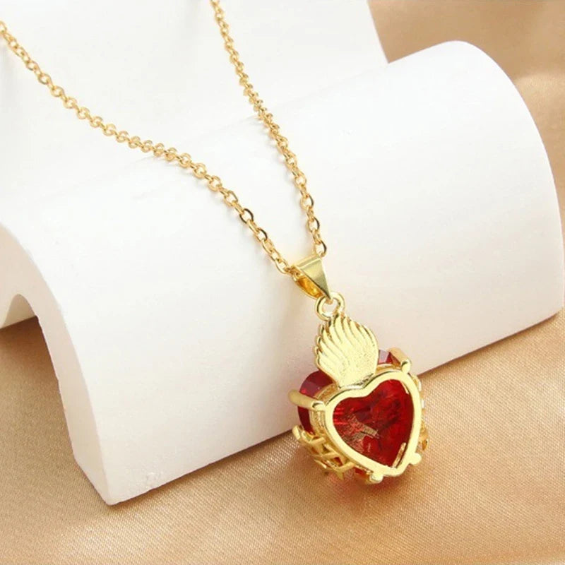 Jesus Cross Choker Necklace – Red Zircon Heart Pendant Women