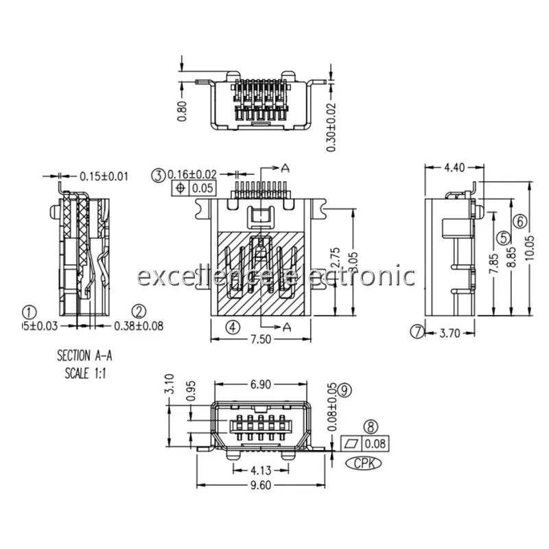 Female Mini USB B 10 Pin SMT SMD Mount Jack Connector Port Flat Mouth