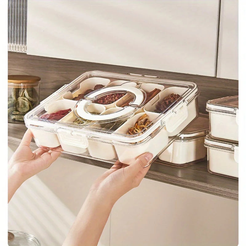 Divided Rotating Serving Tray Lid Handle Portable Snackle Box Fruits