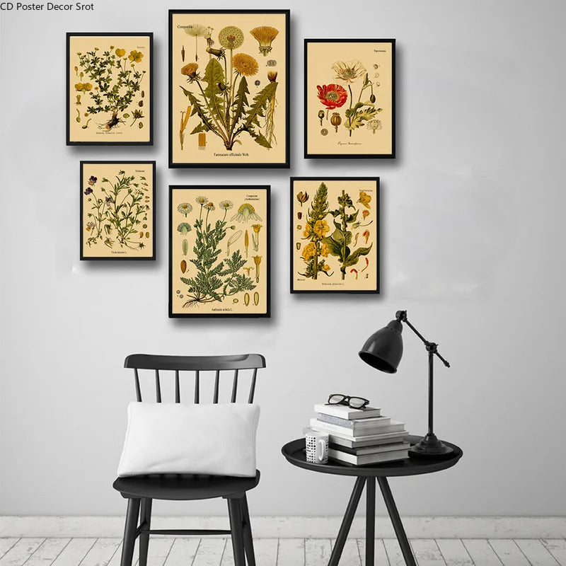 Botanical Herb & Flower Retro Kraft Paper Poster | Vintage Wall Art