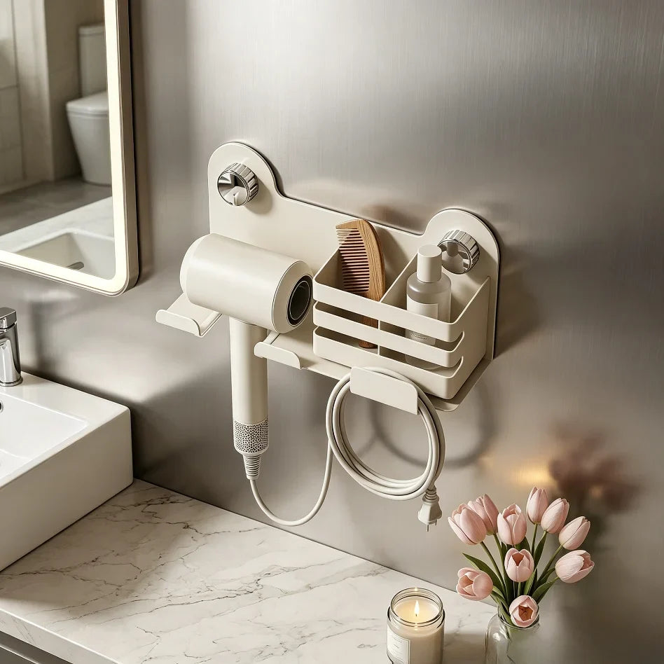 No-Drill Suction Cup Bathroom Shelf & Hair Dryer Rack