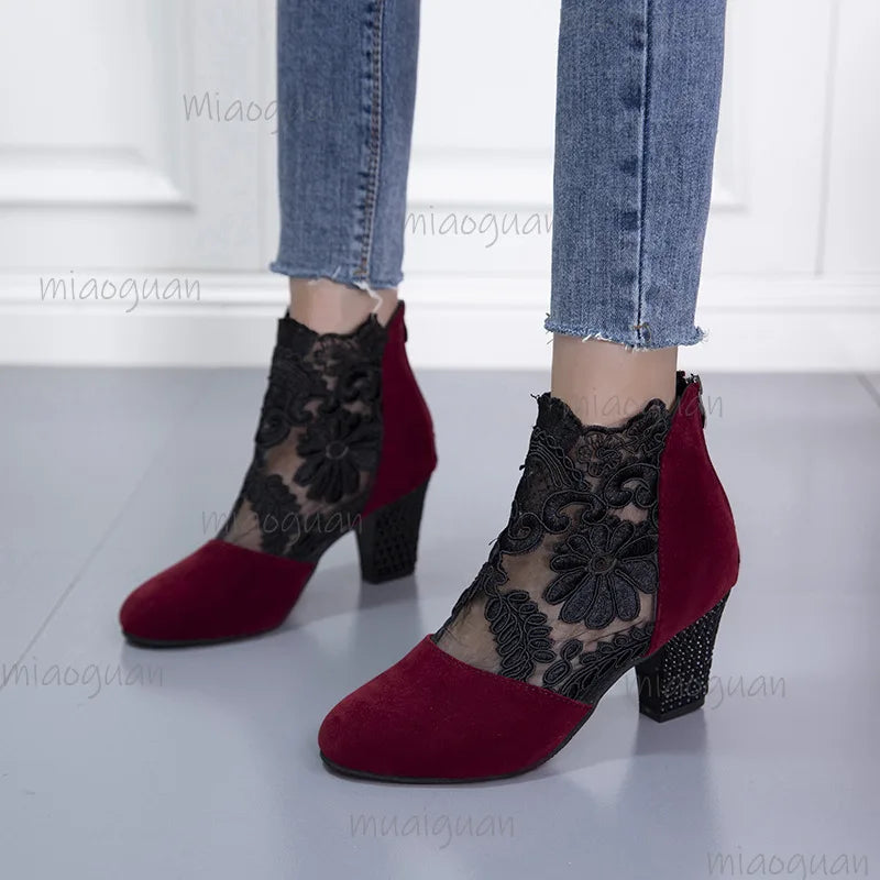 Women's Lace Heeled Gladiator Sandals | Square Heel Booties