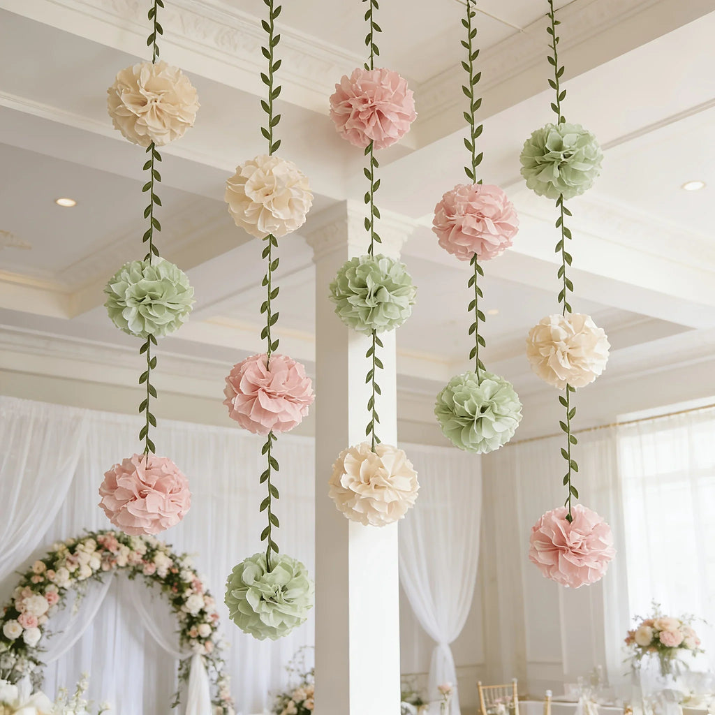 50pcs Paper Flower Table Runner & Pom Pom Garland Party Decor