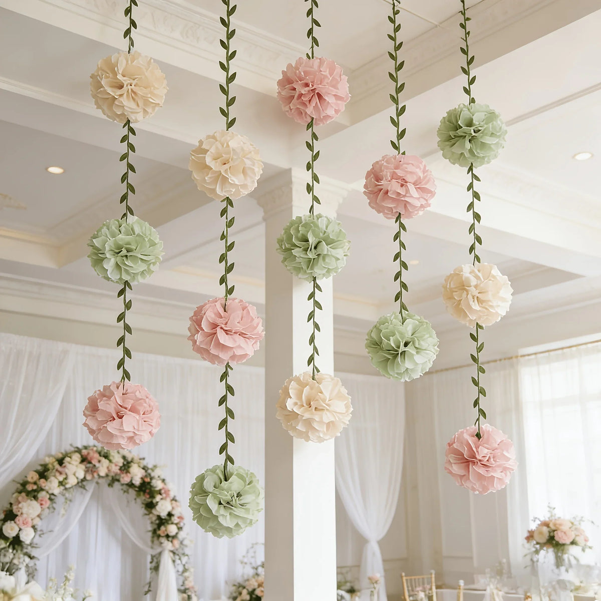 50pcs Paper Flower Table Runner & Pom Pom Garland Party Decor