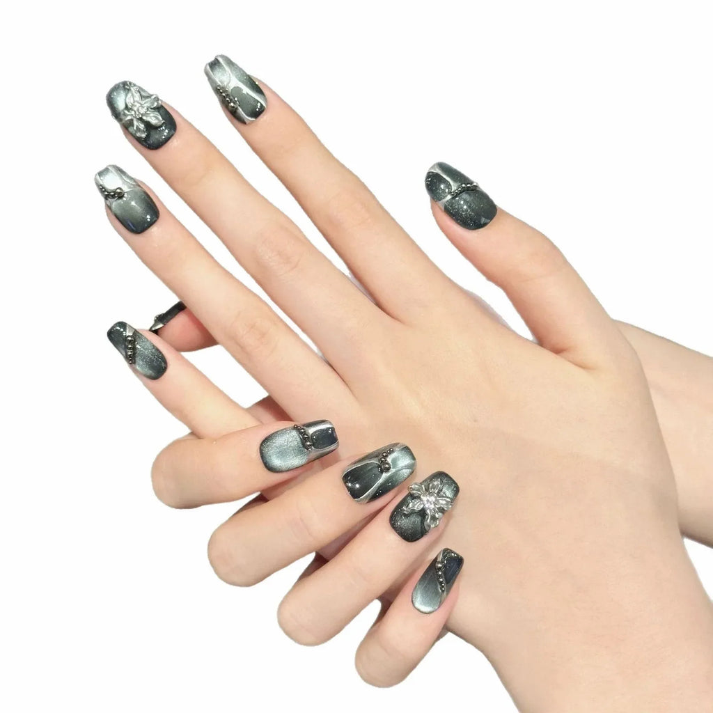 10pcs Cat's Eye Press-On Nails Y2K Silver Punk Ballet | YADORNOS