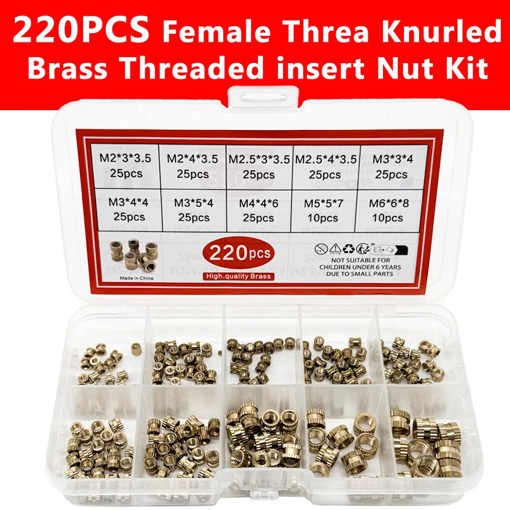 220 PCS Brass Heat Insert Nuts M2–M6 Knurled Embedment Kit
