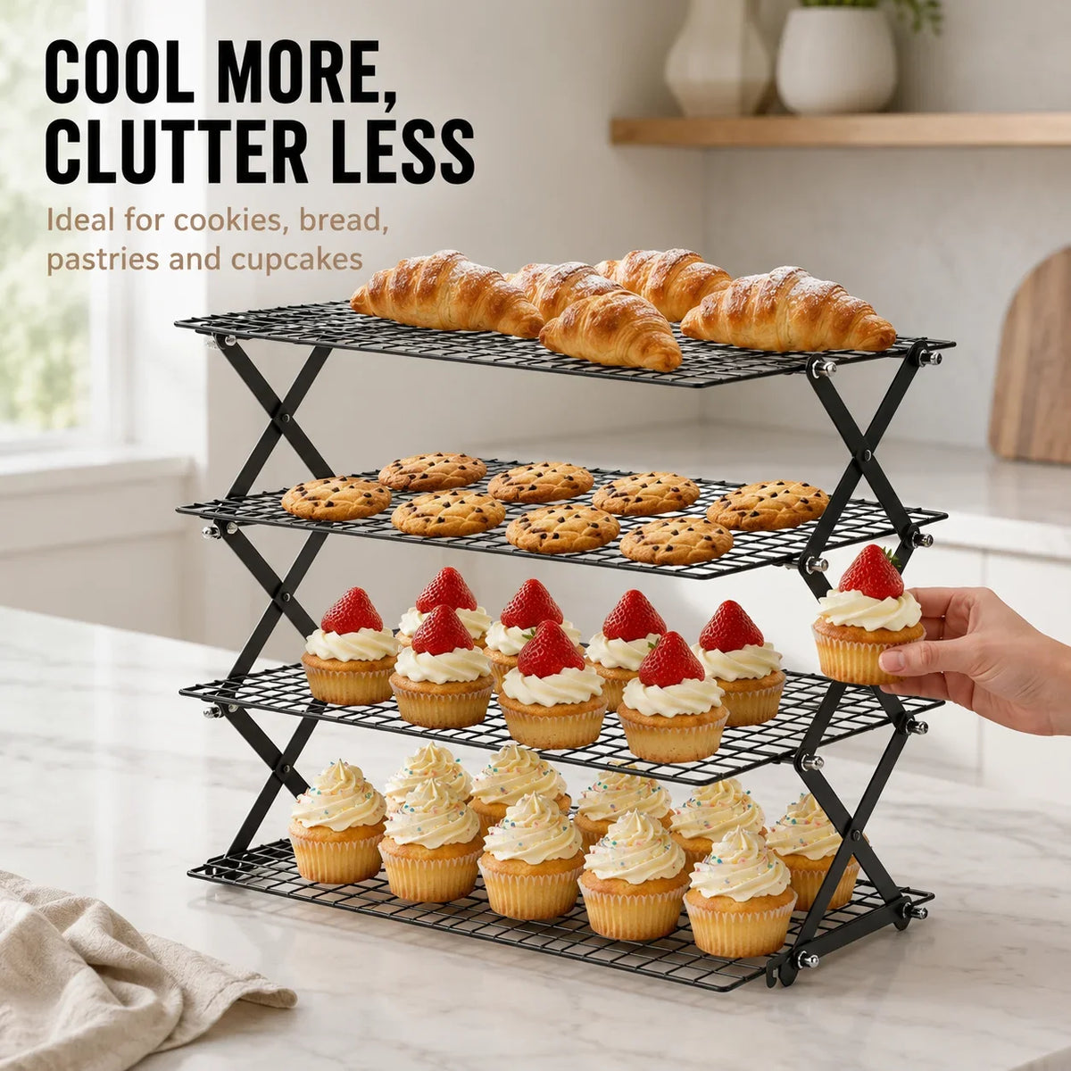 Foldable 2/3/4 Tier Cooling Rack – Stackable Wire Grid Baking Stand