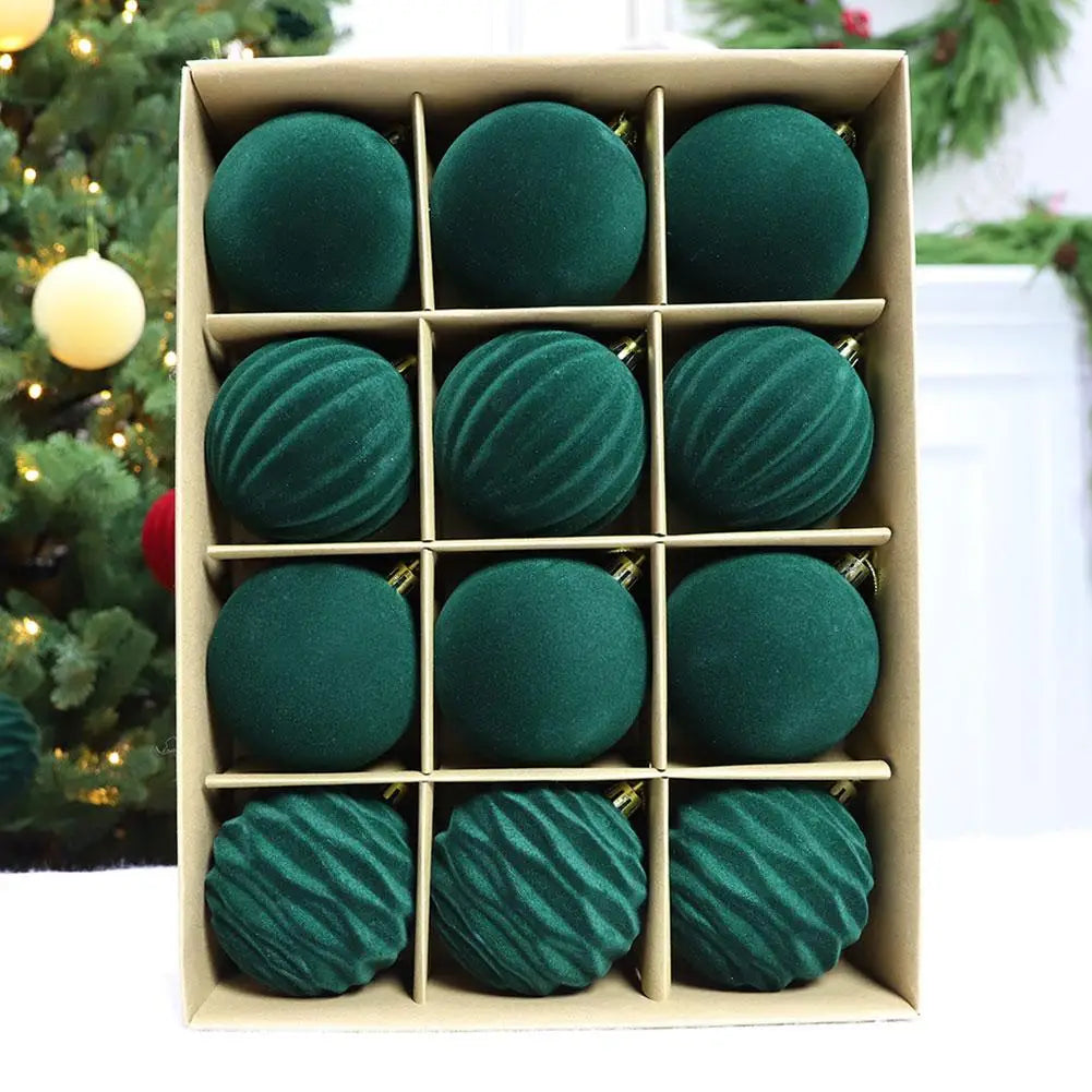 Velvet Flocked Christmas Ball Ornaments 12pcs – Green & Red