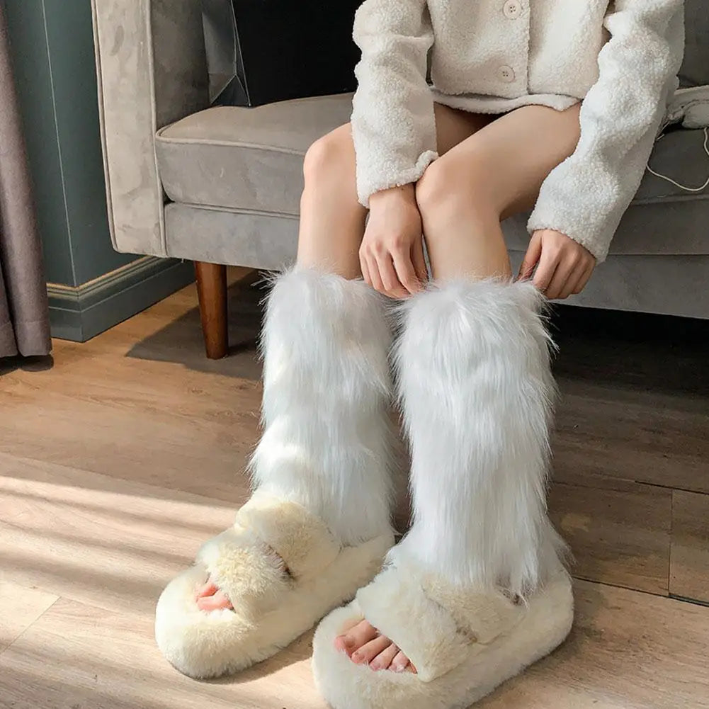 Gothic Faux Fur Leg Warmers – Y2K Punk Knee-Length Boot Socks