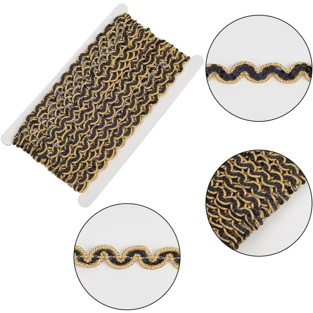 13M Black Metallic Sequin Ribbon – Wave Edge Lace Trim 12.5mm