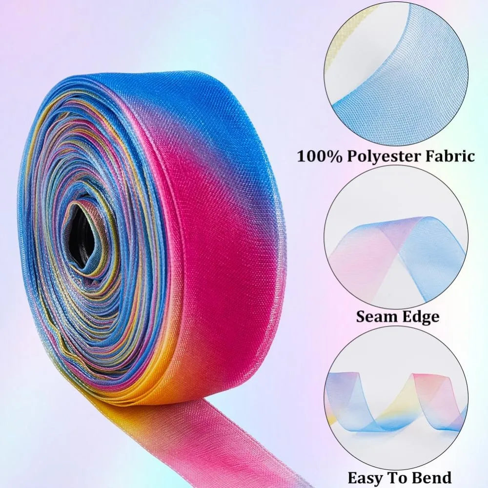 Rainbow Organza Ribbon 2 Rolls – 1 Inch x 50 Yards Sheer