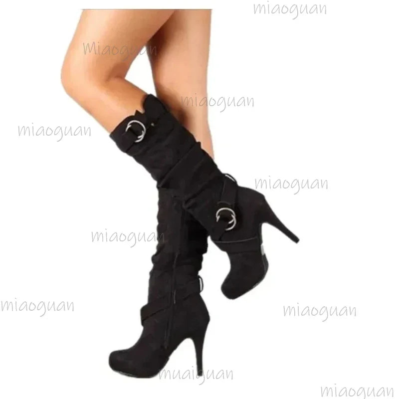 Women's Knee-High Stiletto Platform Boots – PU Leather