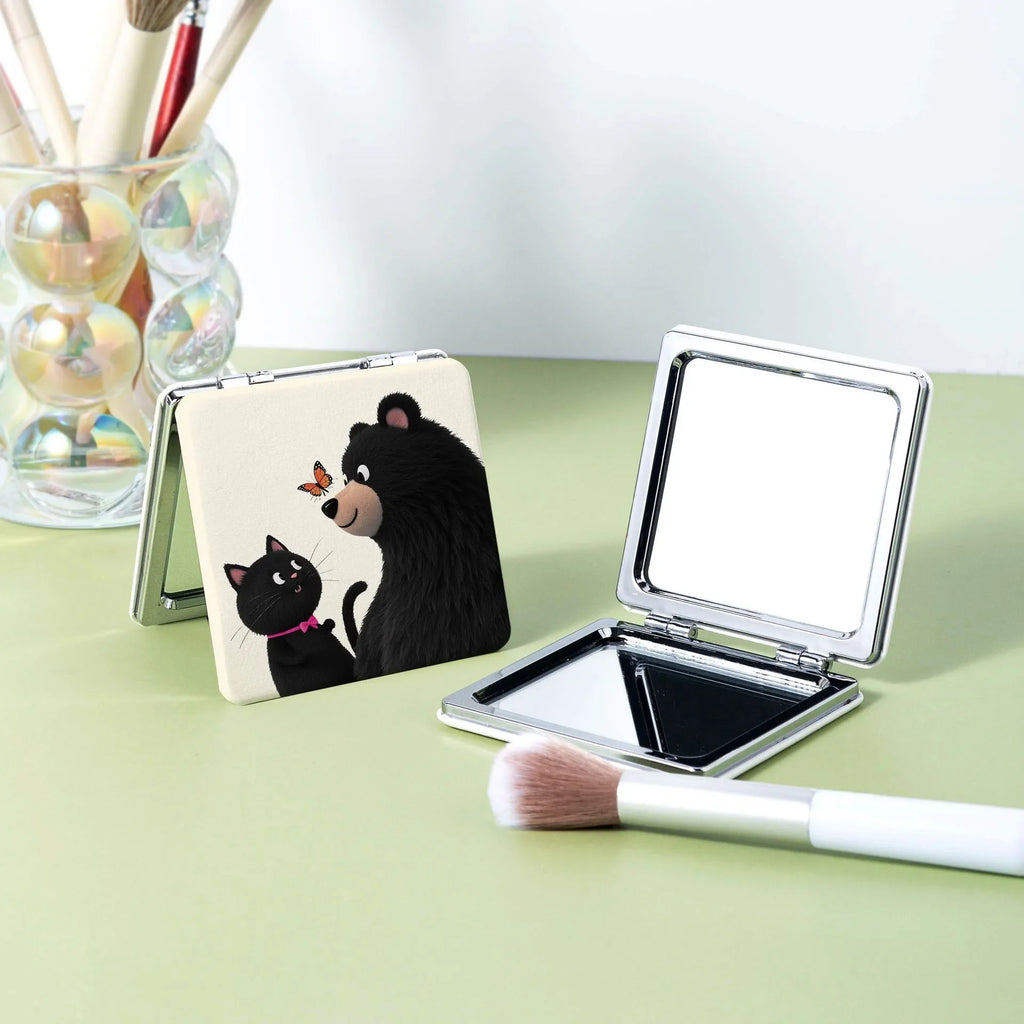 Kitten & Bear Cartoon Folding Makeup Mirror – Double Sided