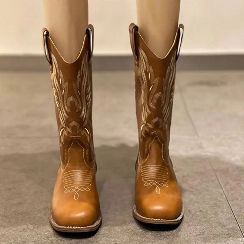 Women's Mid-Calf Embroidered Boots – Square Toe Block Heel