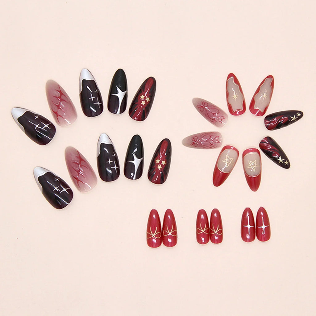 3D Star French Press On Nails – Deep Red Y2K Almond 24pc Set