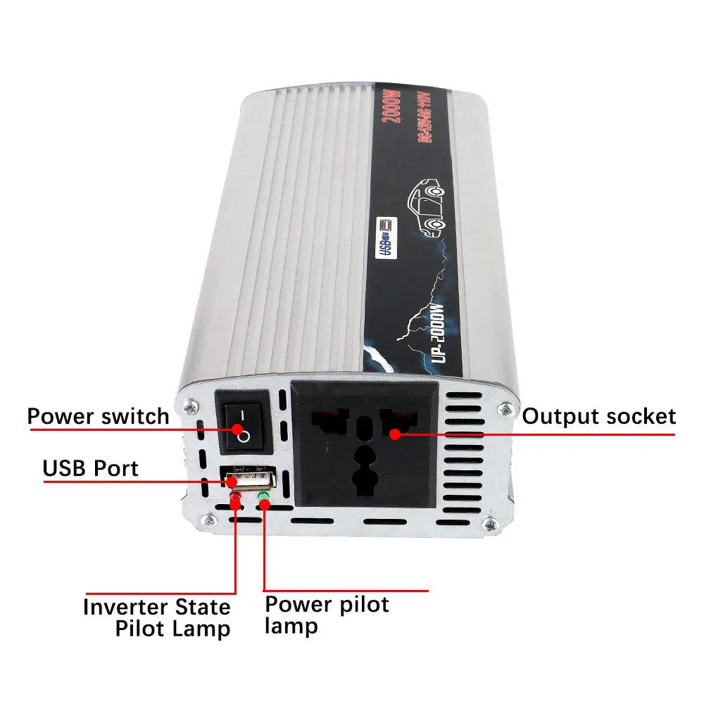 2000W Car Power Inverter 12V to 220V Pure Sine Wave + USB
