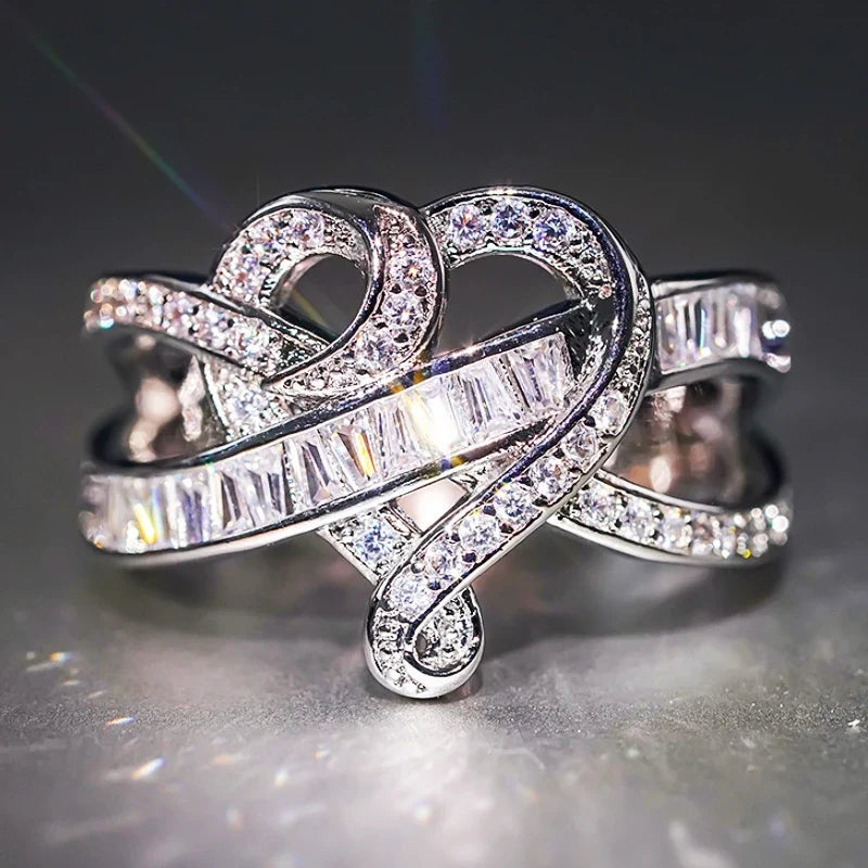 Huitan Heart Cross Ring – Cubic Zirconia Wedding Band Women