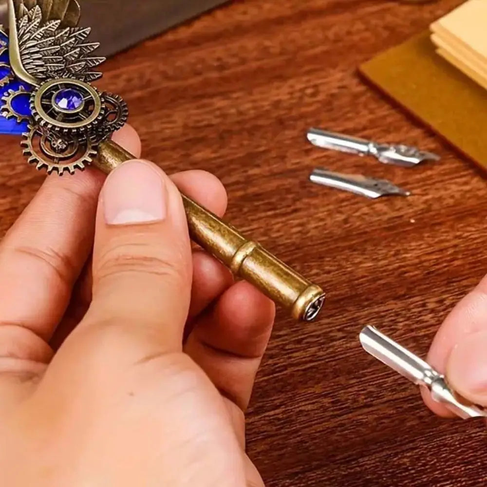 Retro Feather Dip Pen – Vintage Metal Calligraphy Set, 5 Nibs