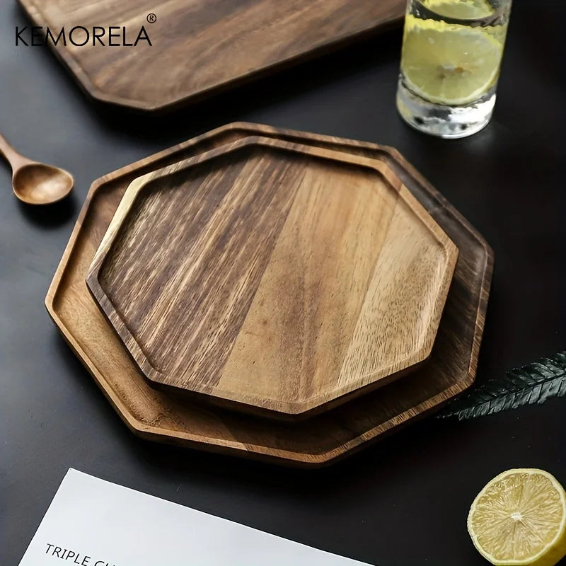 KEMORELA Acacia Wood Serving Tray – Octagonal Dinner & Dessert Plate