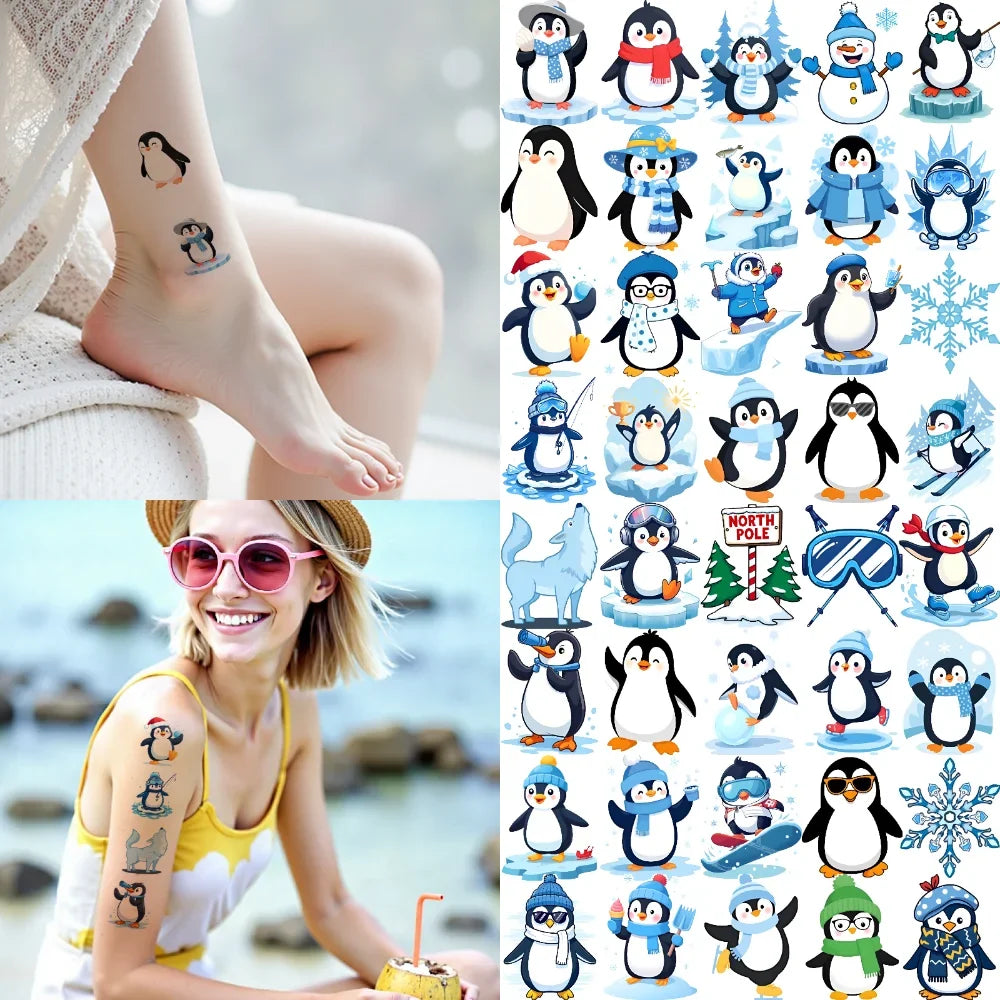 54-Piece Winter Temporary Tattoos – Penguin & Snowman Stickers