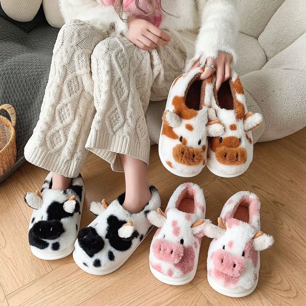 Fluffy Cow Animal Slippers – Unisex Plush Home Shoes