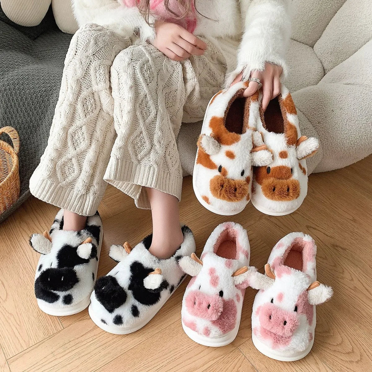 Fluffy Cow Animal Slippers – Unisex Plush Home Shoes