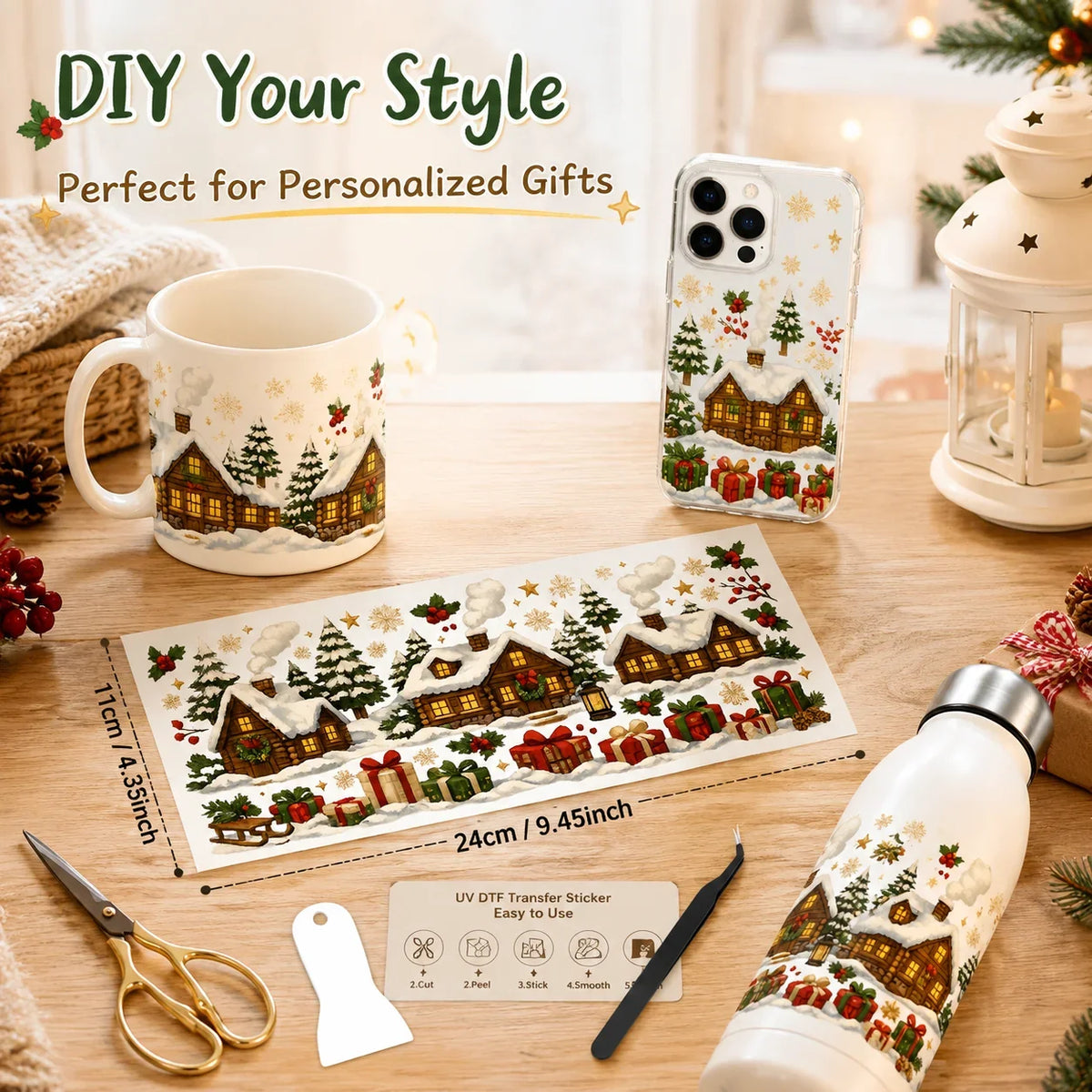 Christmas UV DTF Transfer Sticker | Snowy Cabin Cup Wrap Decal