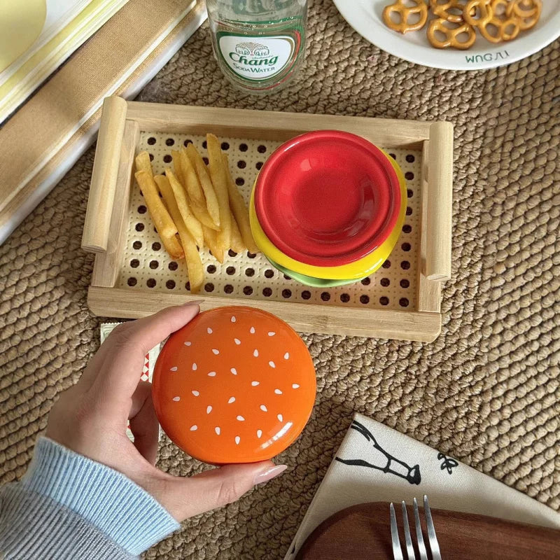 Hamburger Shaped Bone Dish & Dipping Plate Set | Fun Dinnerware