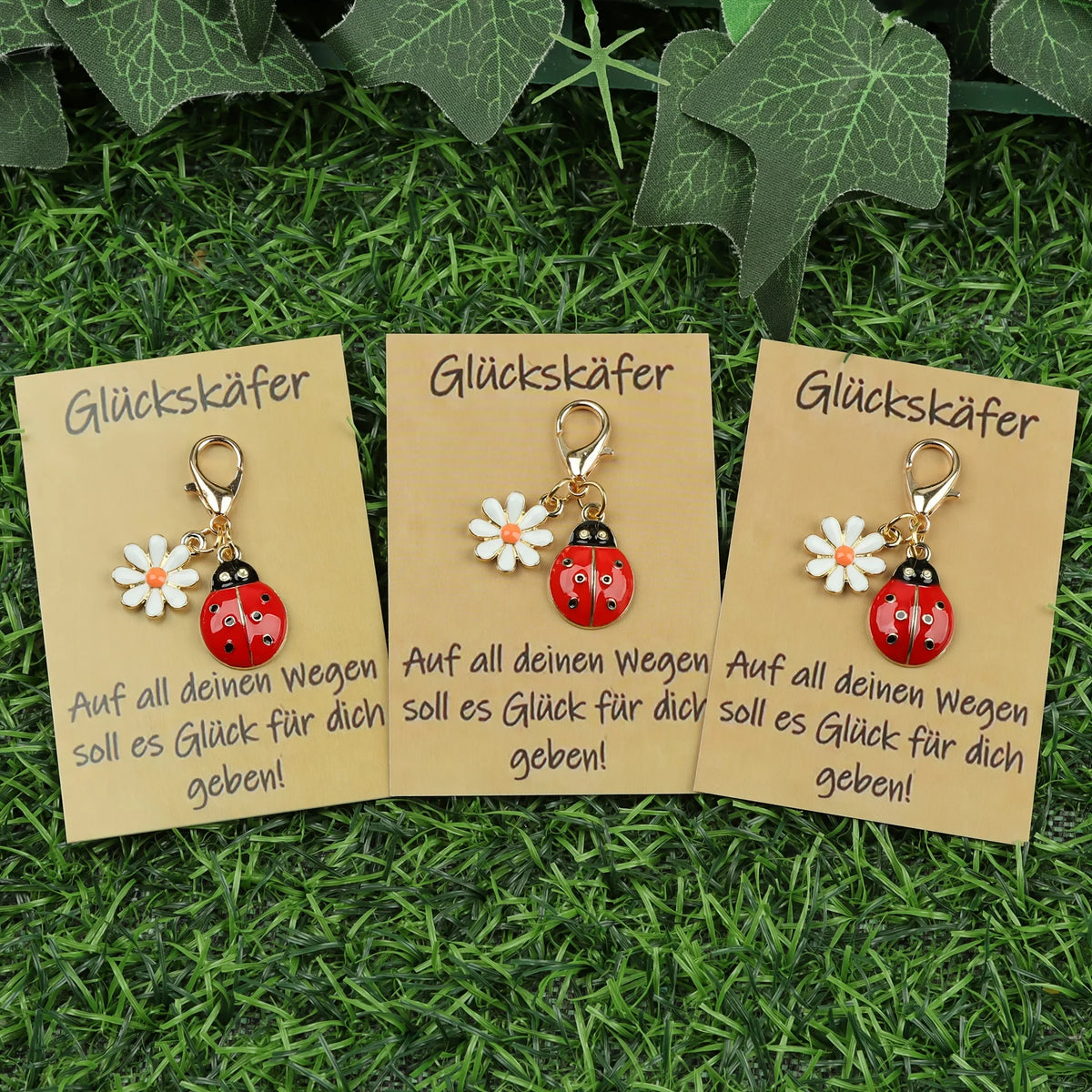 Lucky Ladybug Earrings, Keychain & German Blessing Card Gift Set