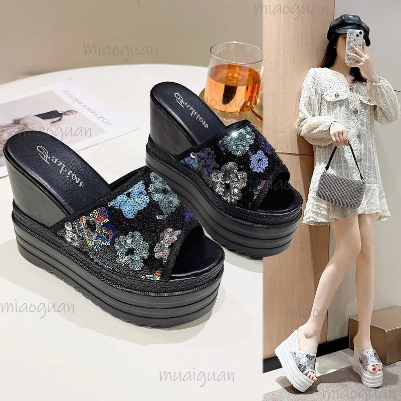 Women's Glitter Wedge Slide Sandals – High Heel Beach Slippers