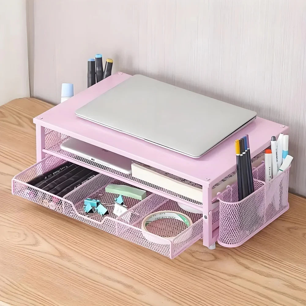 2-Tier Metal Monitor Stand Desk Organizer – Drawer & Pen Holder